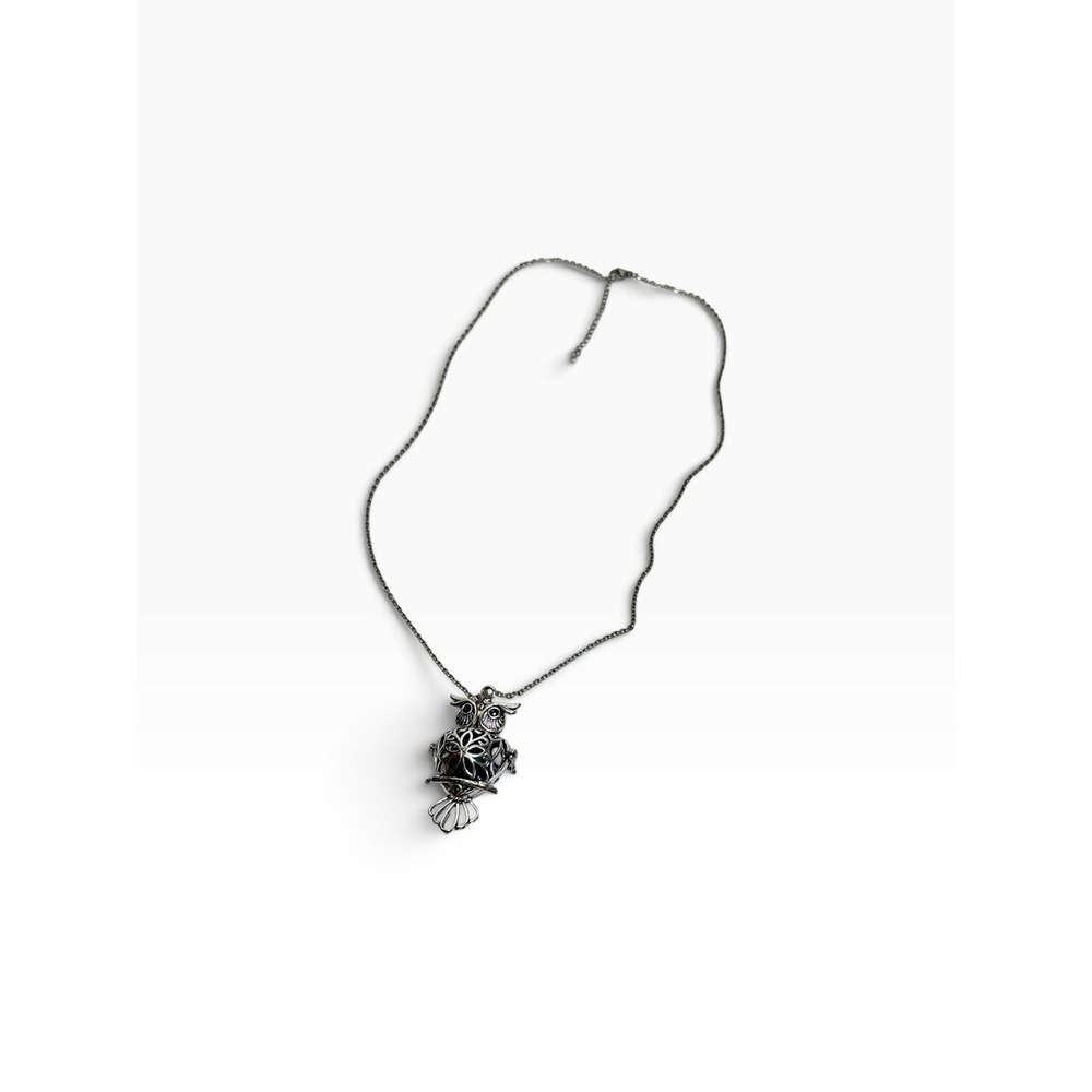 Owl Diffuser Necklace 22" Silver Tone Filigree Cage Locket